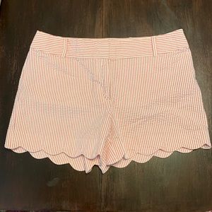 Pink and white seersucker Loft scalloped shorts